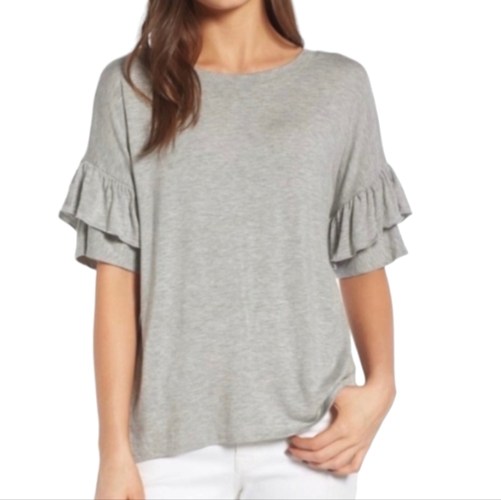 Chelsea28 Ruffle Sleeve V-Back Heather Gray Top - Large